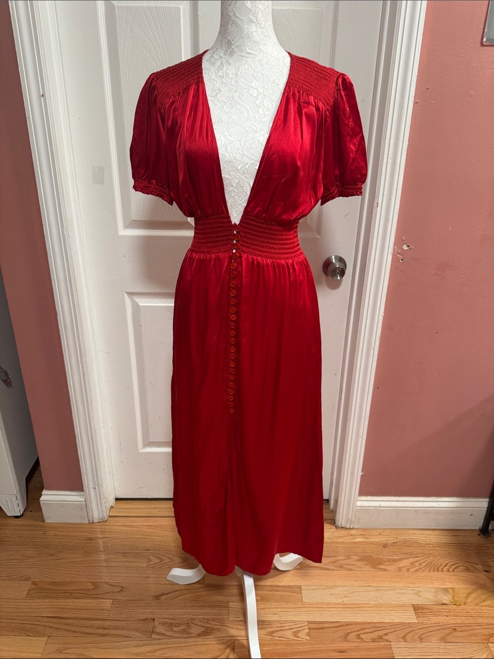 100% Silk Reformation Red Satin V-Neck Button Midi Dress Romantic Feminine